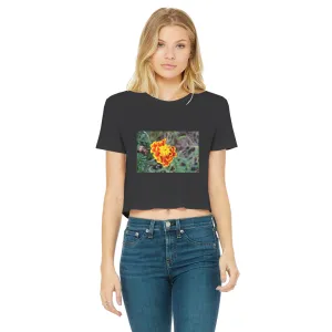 Yellow Red Flower Classic Women's Cropped Raw Edge T-Shirt