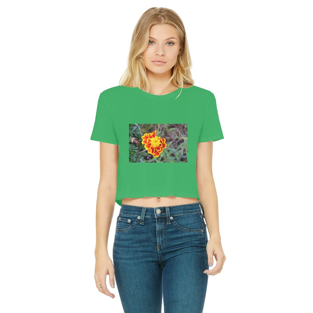 Yellow Red Flower Classic Women's Cropped Raw Edge T-Shirt