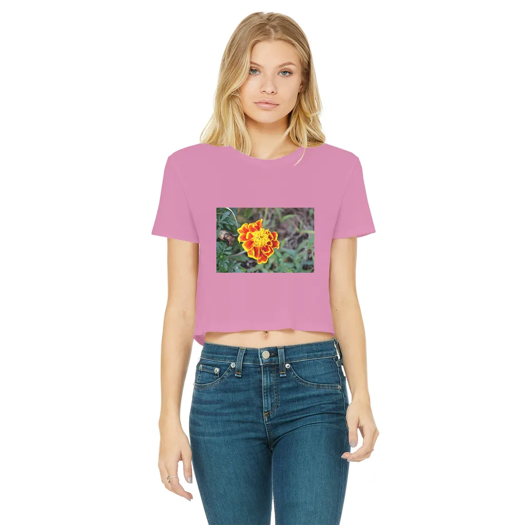 Yellow Red Flower Classic Women's Cropped Raw Edge T-Shirt